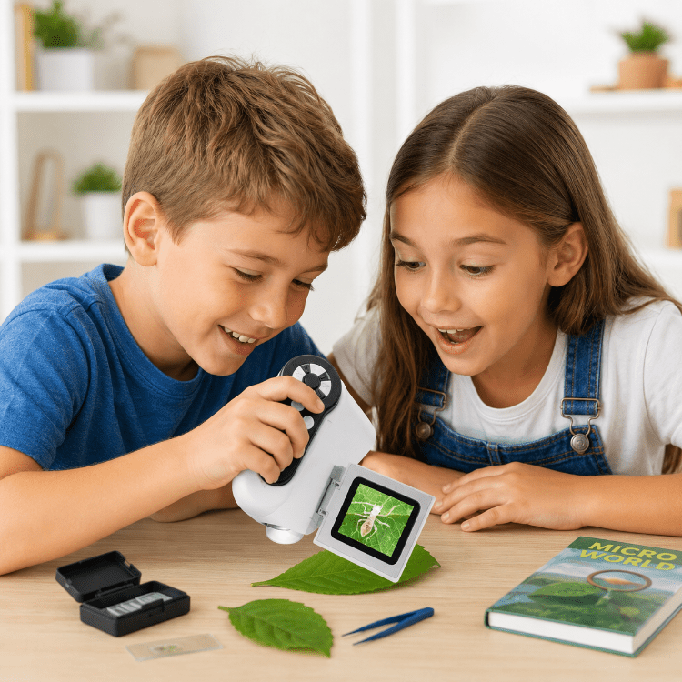 Miniscope numérique portable pour enfants observant des insectes et feuilles dans un jardin éducatif