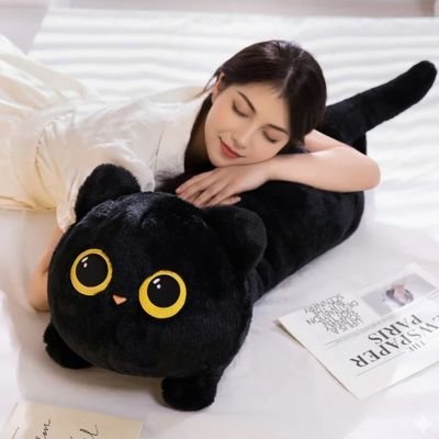 Gros chat en peluche gris anthracite pour câlins et détente