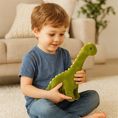 Jouet-en-peluche-représentant-un-dinosaure-souriant