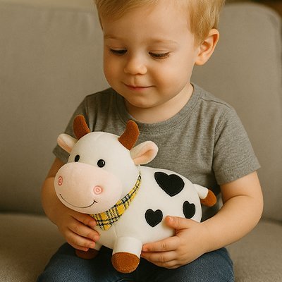 Peluche vache ultra-douce adaptée aux enfants sensibles