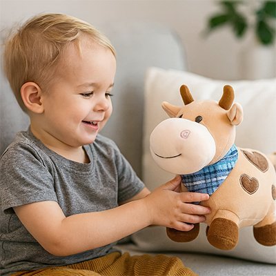 Peluche vache ultra-douce adaptée aux enfants sensibles