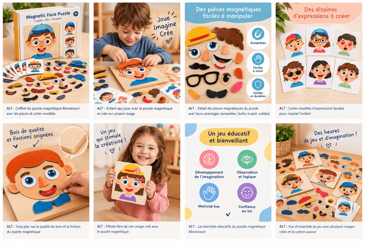 Visuels illustratifs du puzzle magnétique Montessori : création de visages, pièces et idées de jeu
