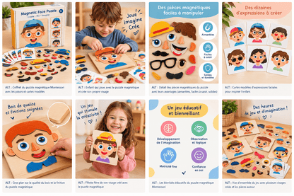 Visuels illustratifs du puzzle magnétique Montessori : création de visages, pièces et idées de jeu
