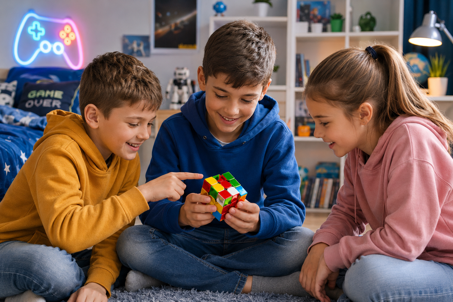Trois enfants résolvent un Rubik's Cube magnétique dans une chambre d'enfant