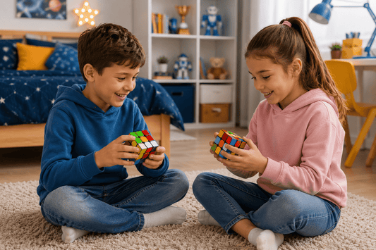 Deux enfants jouent avec un Rubik's Cube magnétique dans leur chambre