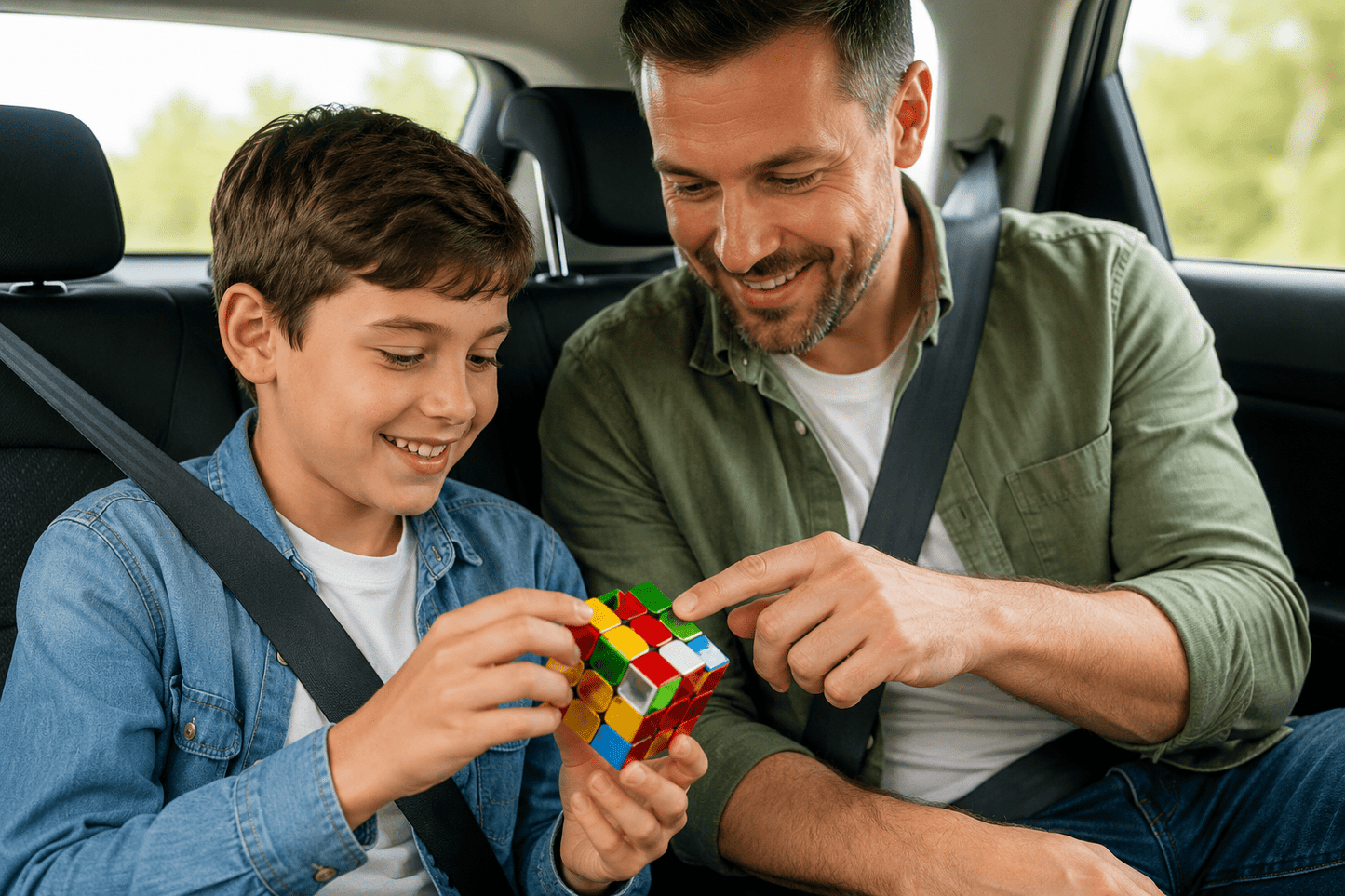 Parent et enfant jouant avec un Rubik's Cube magnétique pendant un trajet en voiture