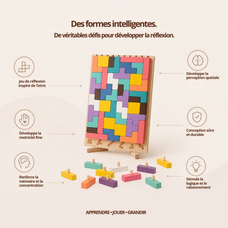 Pièces colorées du puzzle Tetris en bois Montessori
