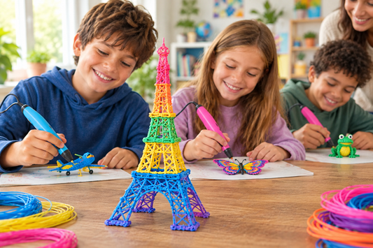 Tour Eiffel réalisée en filaments au premier plan, avec trois enfants utilisant des stylos 3D