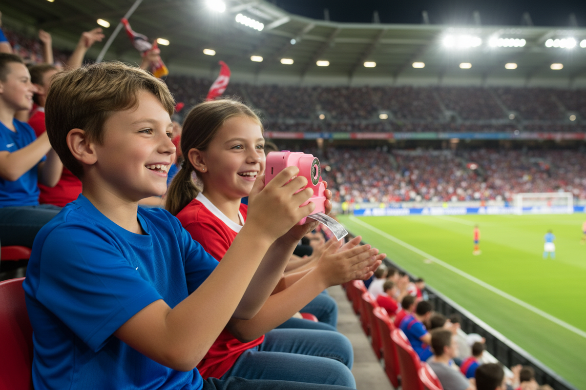 2 enfants dans un stade de foot avec l'appareil CoolPic