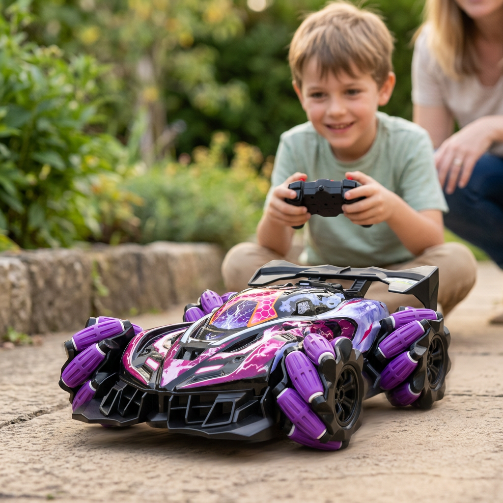 Enfant pilotant SATELIX dans un jardin